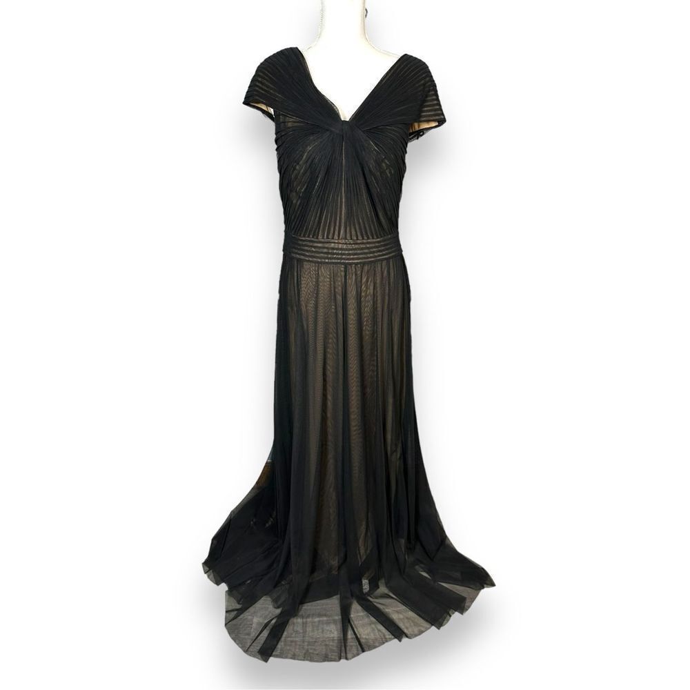 Tadashi Shoji Cap Sleeve Gown Nude with black Overlay 10